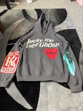 Lucky Me I See Ghosts Gray Graphic Hoodie with Red Heart